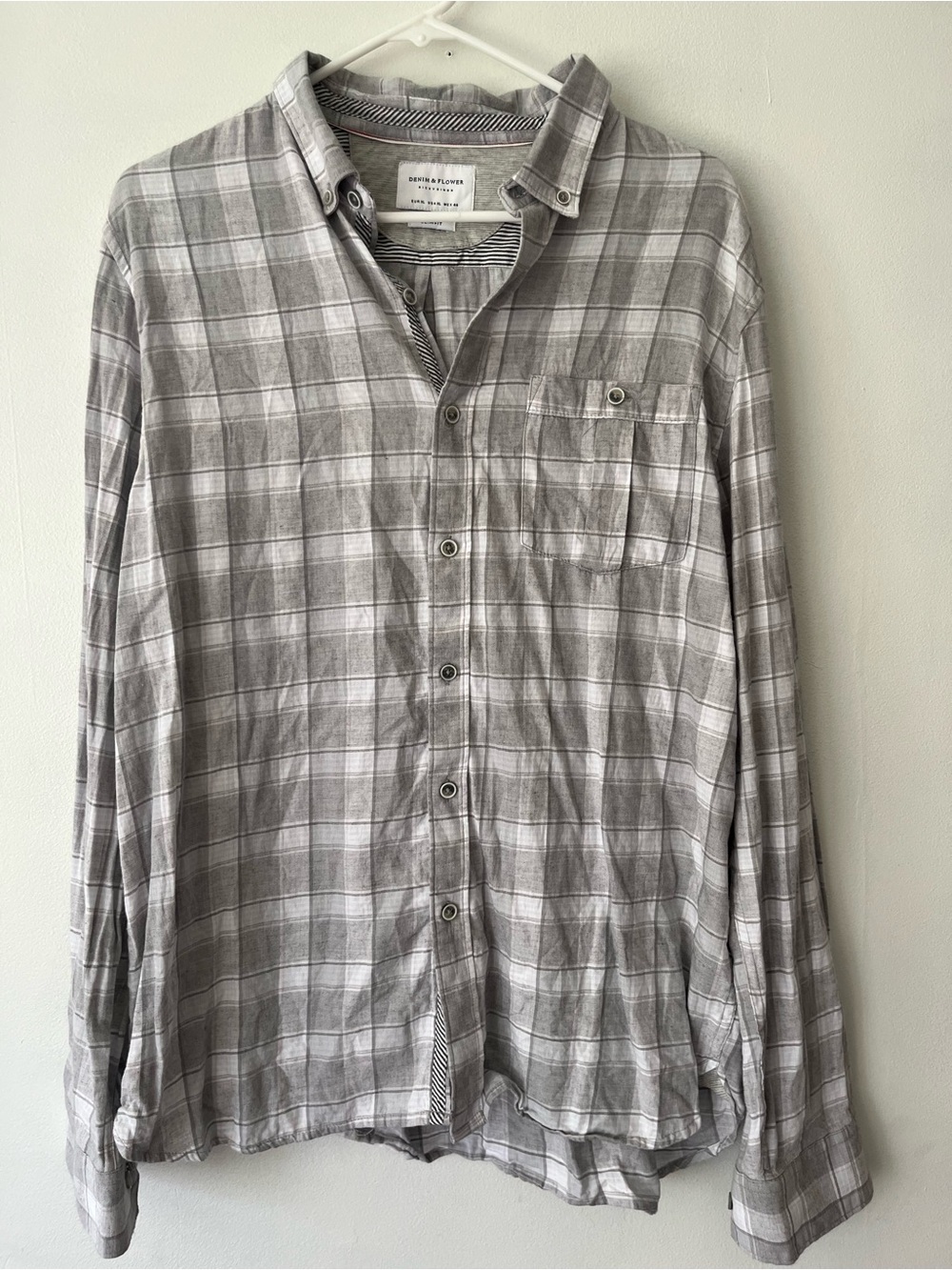 Denim & Flower men’s grey plaid button up XL slim fit